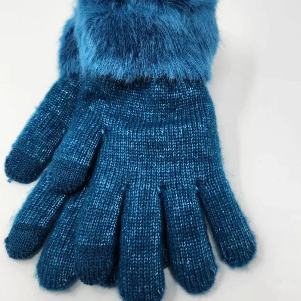Wonder nation girls blue knit gloves faux fur cuff one size d4